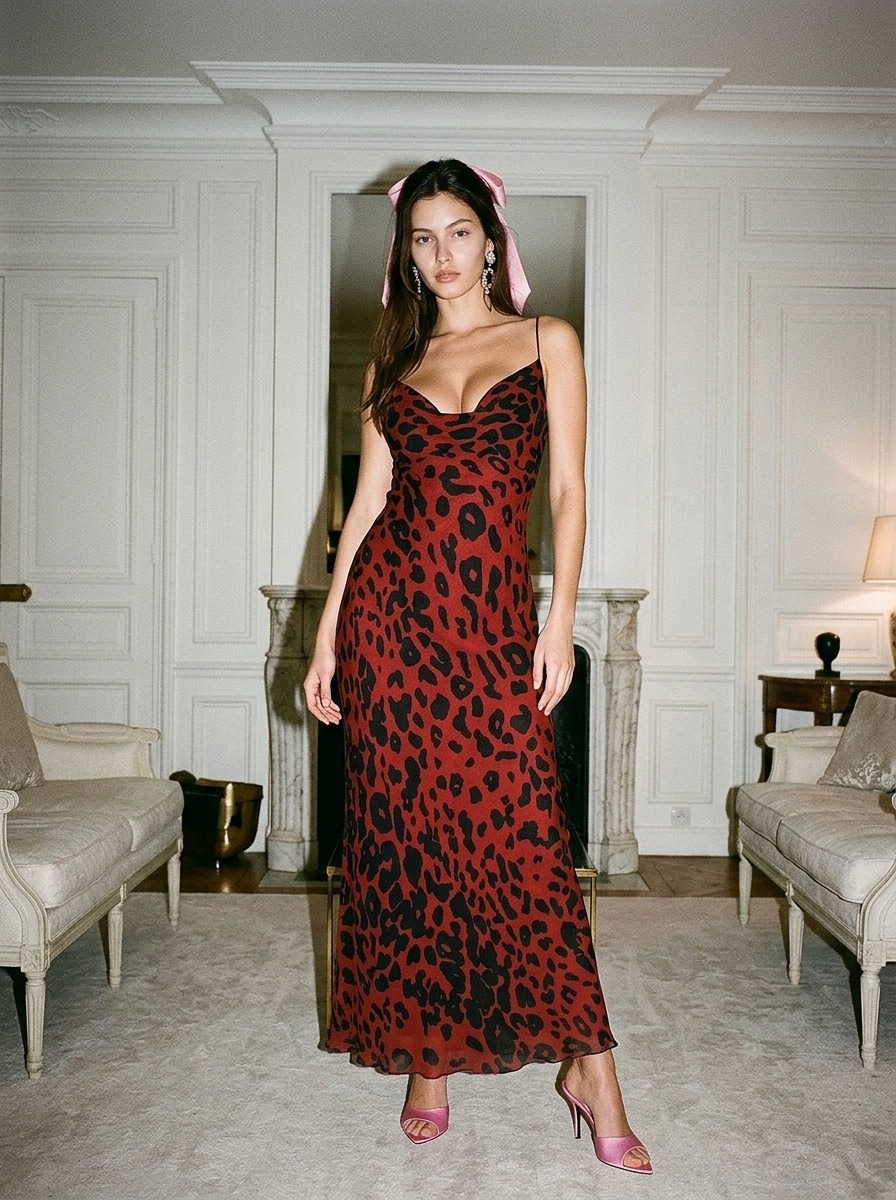 Model wearing Rosamosario red long dress