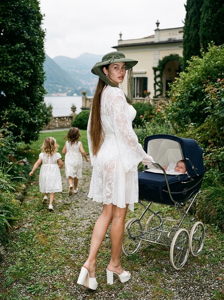 Model wearing Rosamosario white short robe robe from the back