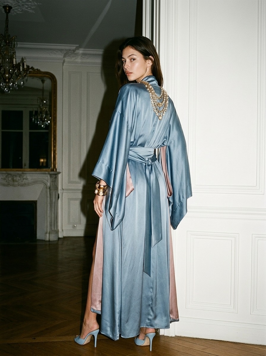 Model wearing Rosamosario blue long robe from the back