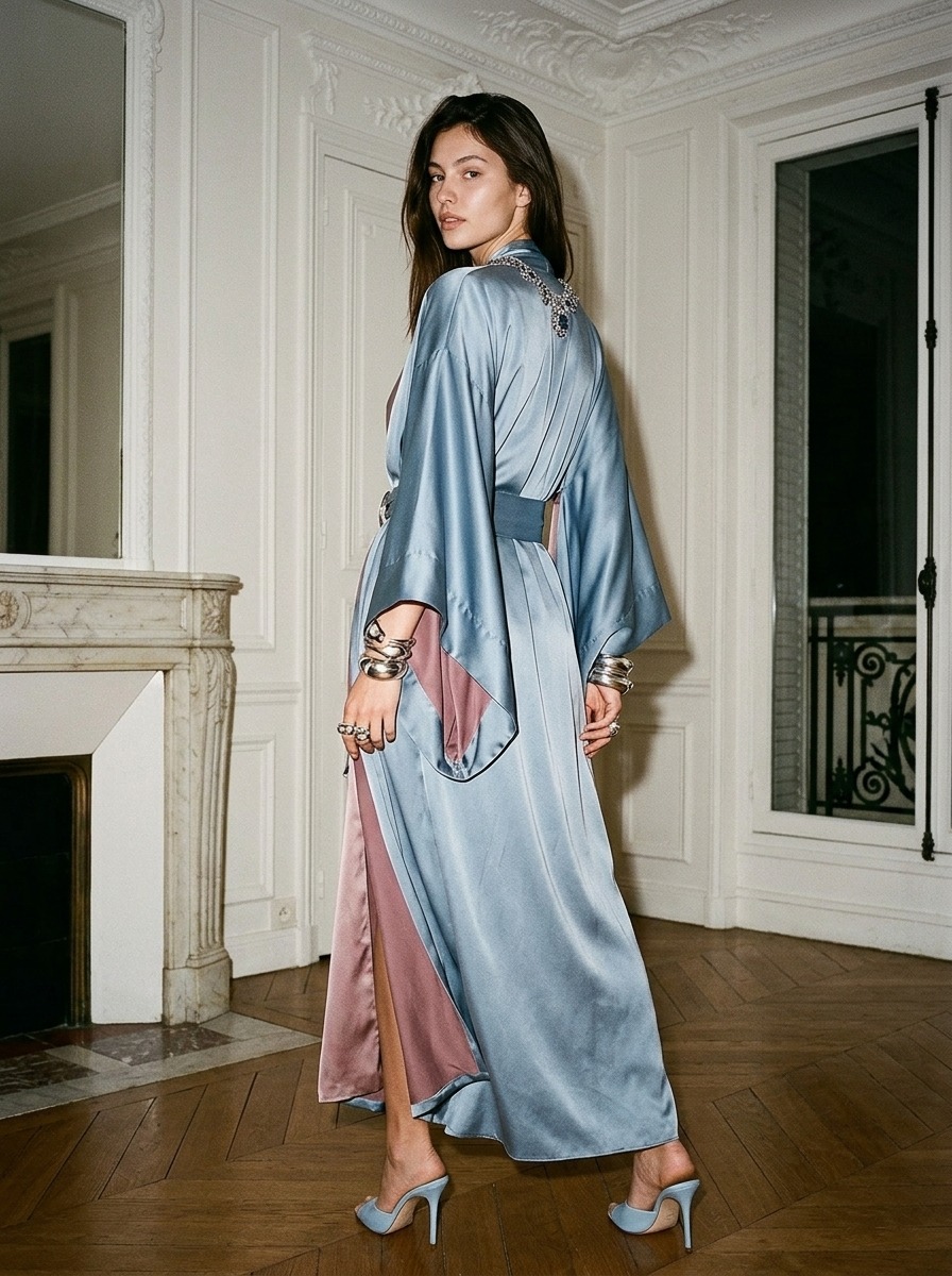 Model wearing Rosamosario blue long robe from the back