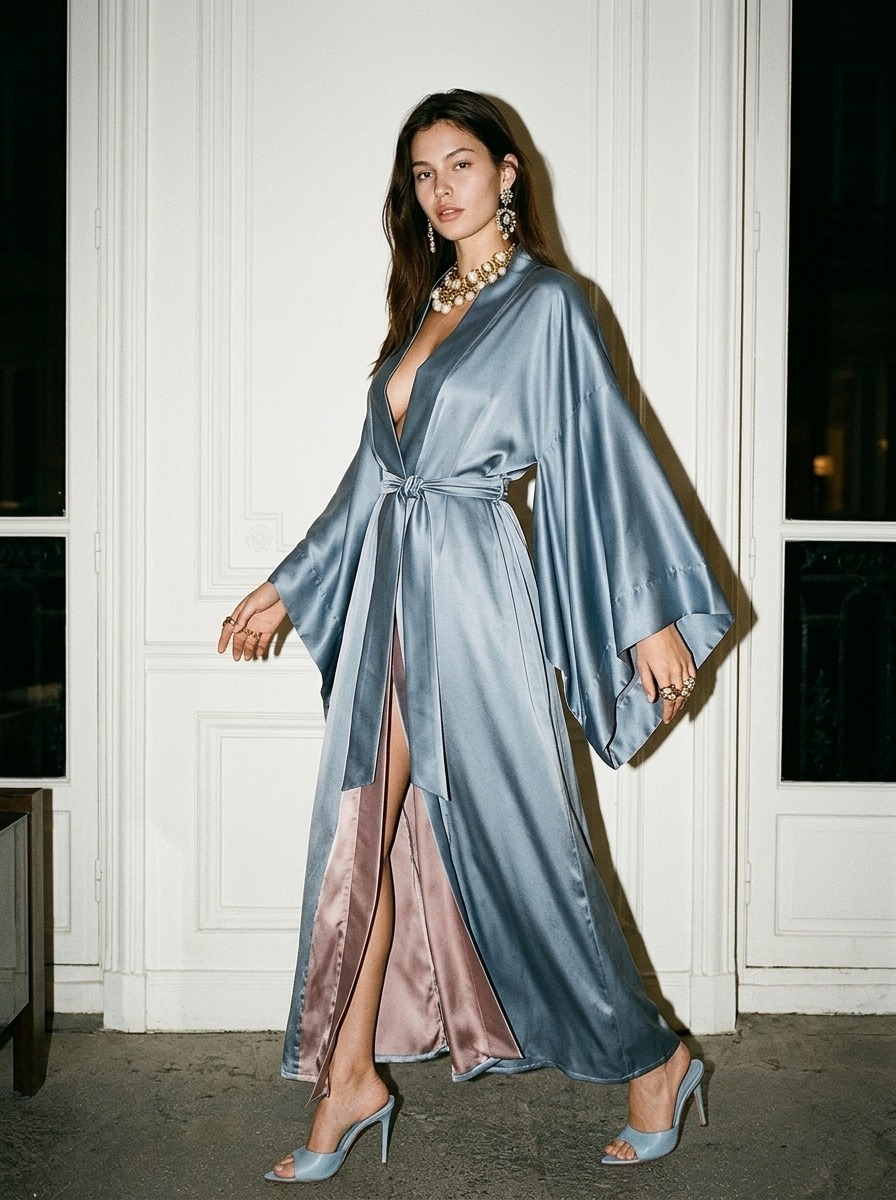 Model wearing Rosamosario blue long robe
