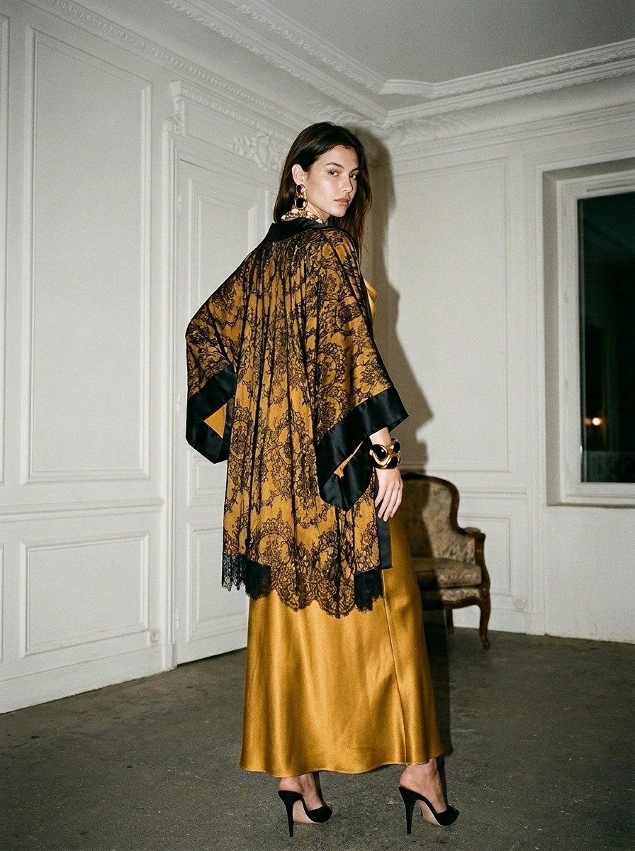 Model wearing Rosamosario yellow short robe from the back