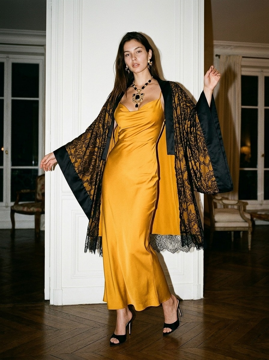 Model wearing Rosamosario yellow short robe