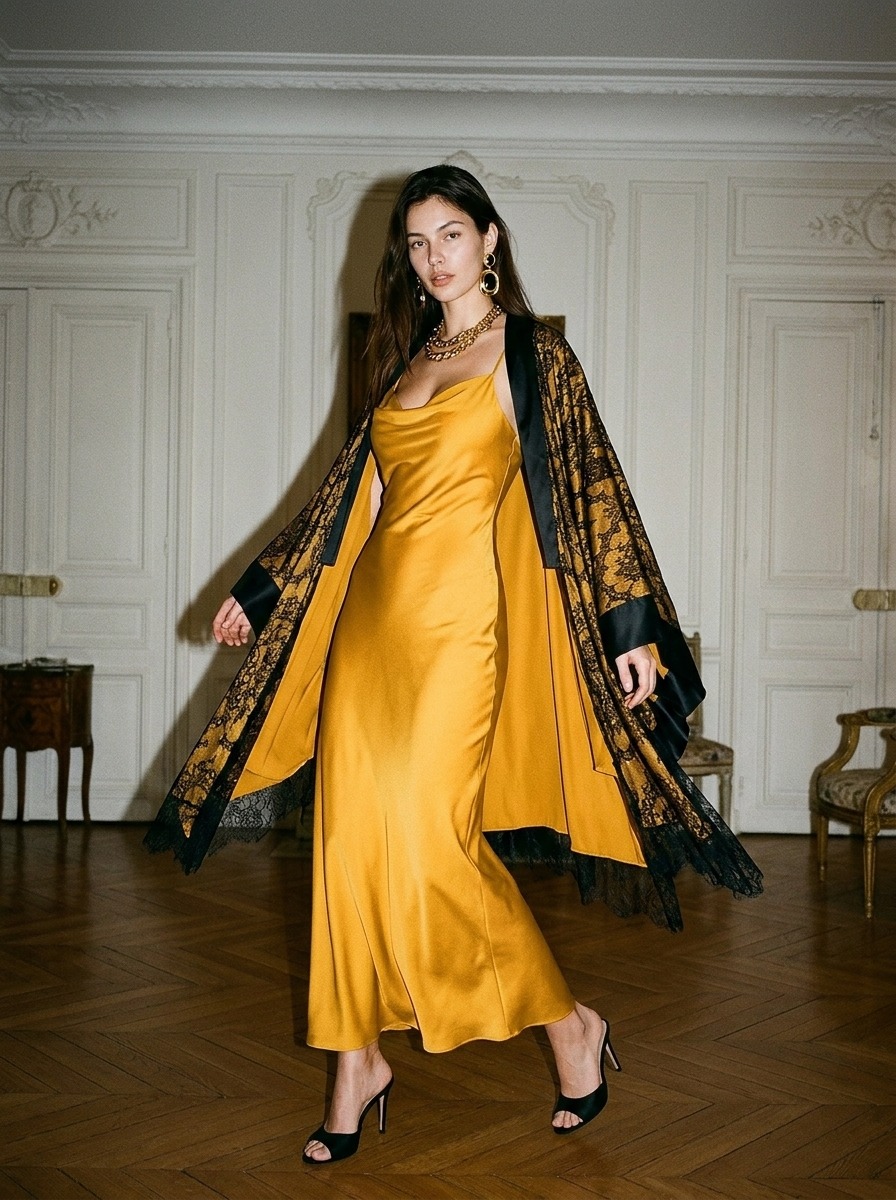Model wearing Rosamosario yellow short robe