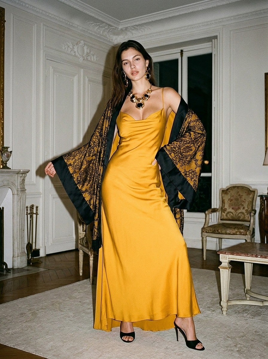 Model wearing Rosamosario yellow short robe