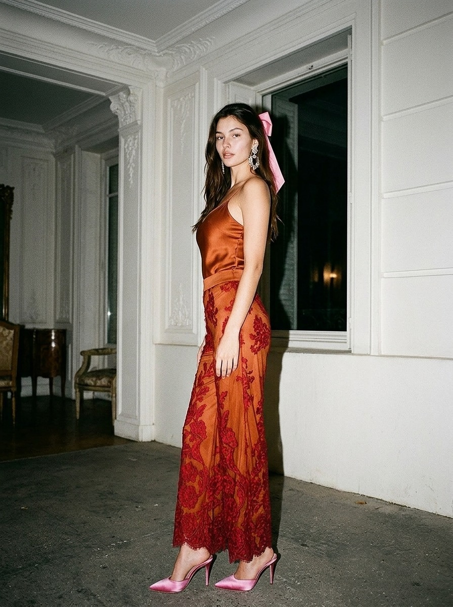 Model wearing Rosamosario orange lingerie set from the side