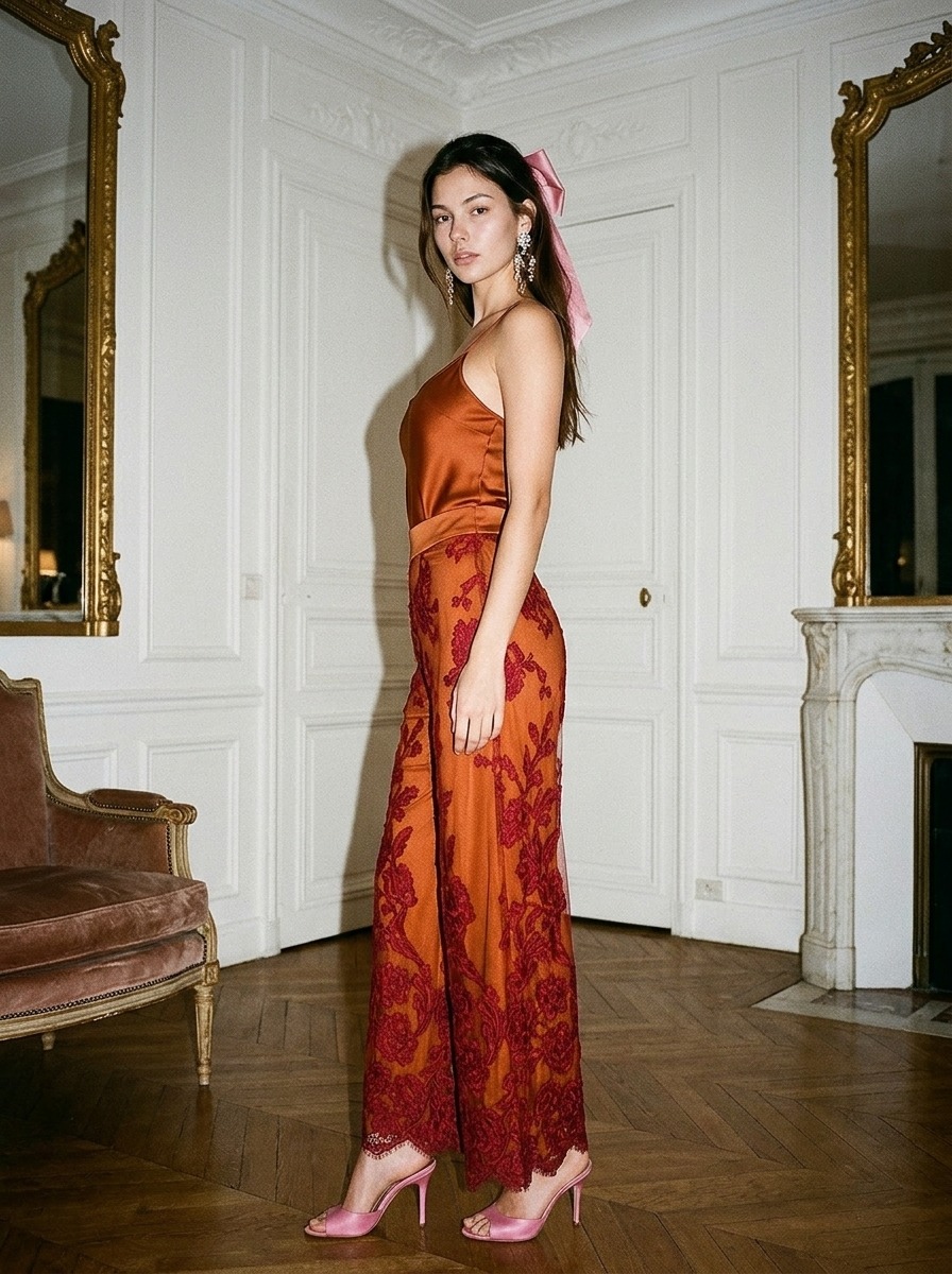 Model wearing Rosamosario orange lingerie set from the side