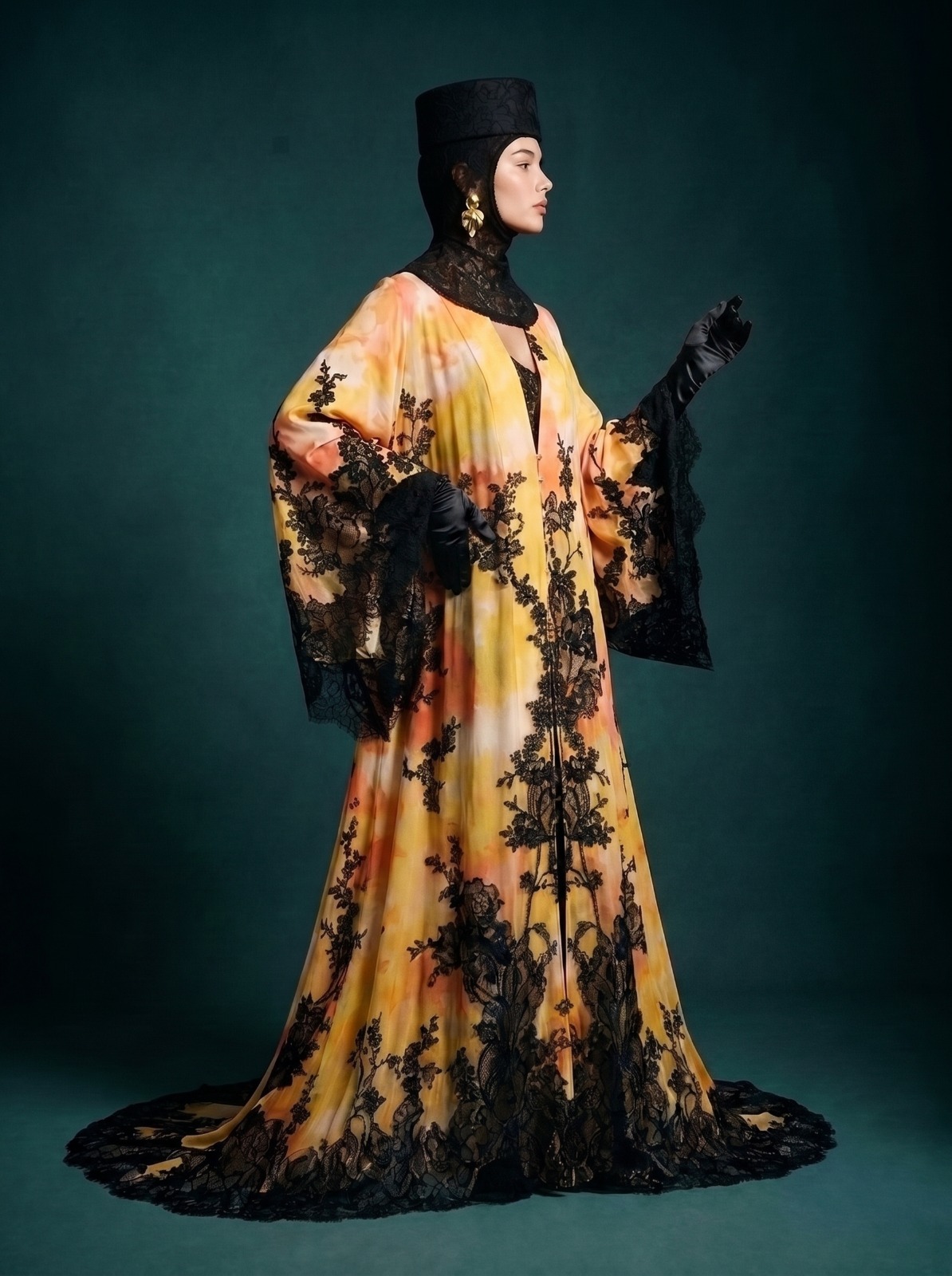 Model wearing Rosamosario orange couture outfit