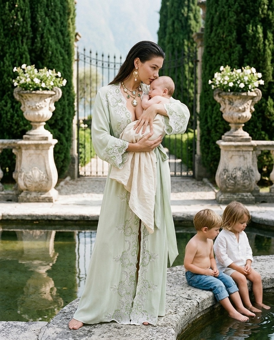 Model wearing Rosamosario "REGINA" Green Long Robe