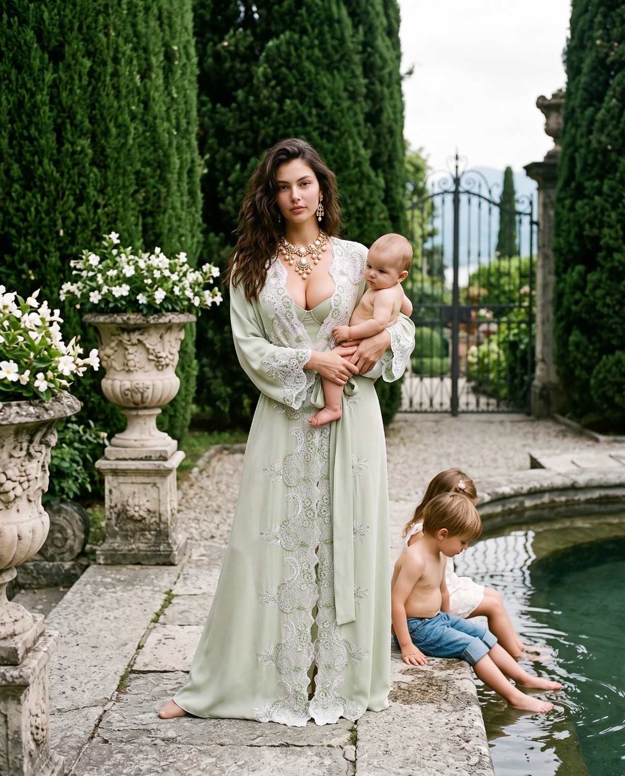 Model wearing Rosamosario "REGINA" Green Long Robe