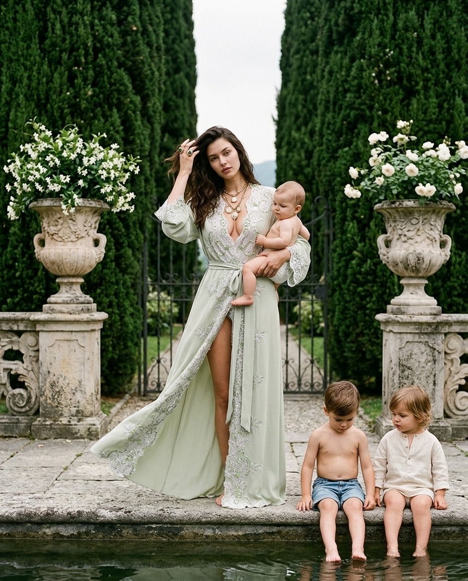 Model wearing Rosamosario "REGINA" Green Long Robe