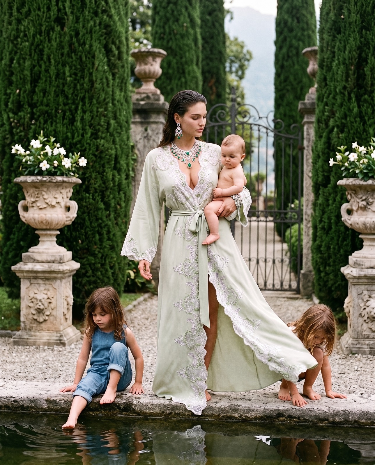 Model wearing Rosamosario "REGINA" Green Long Robe