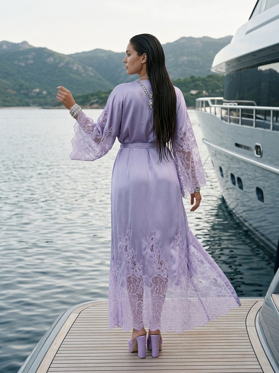 Model wearing Rosamosario lilac long robe