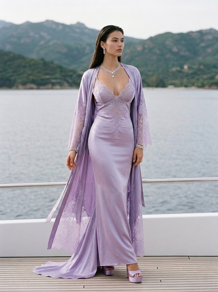 Model wearing Rosamosario lilac long robe