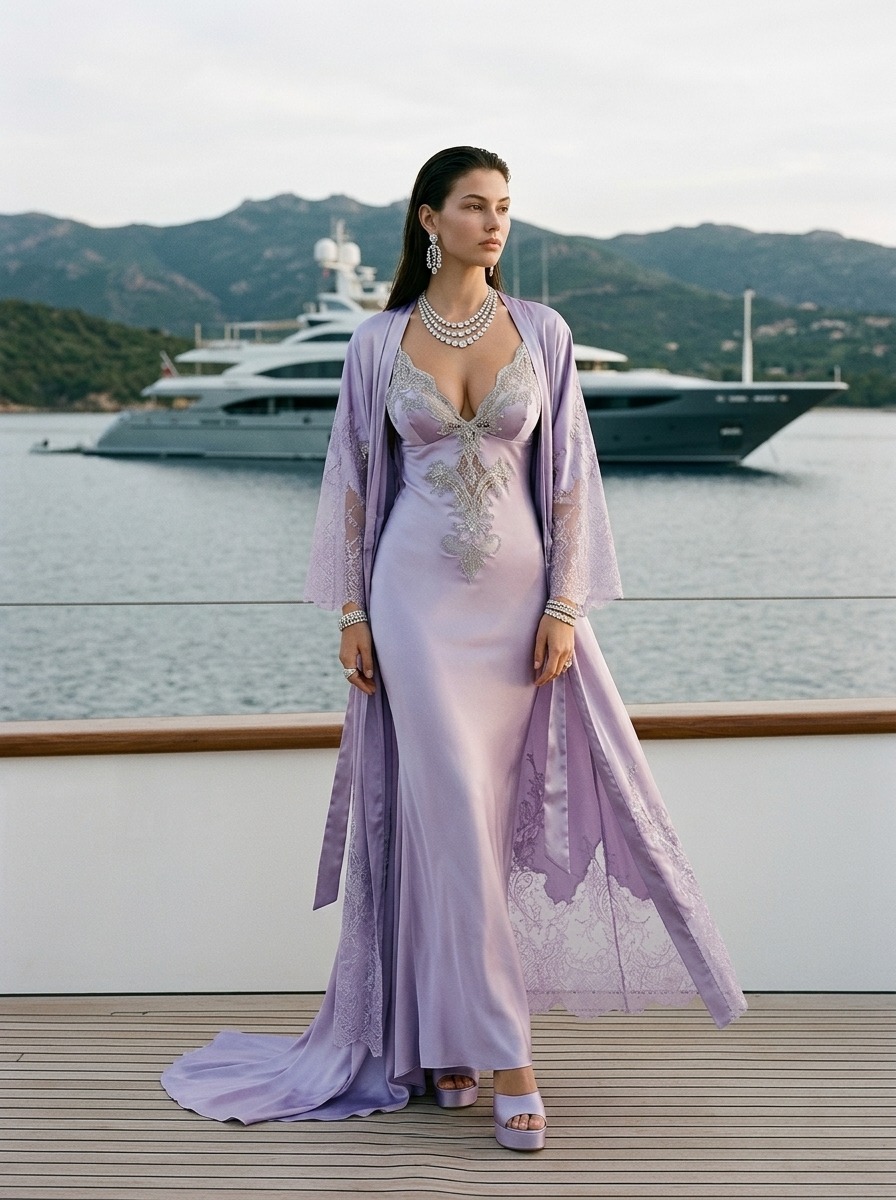 Model wearing Rosamosario lilac long robe