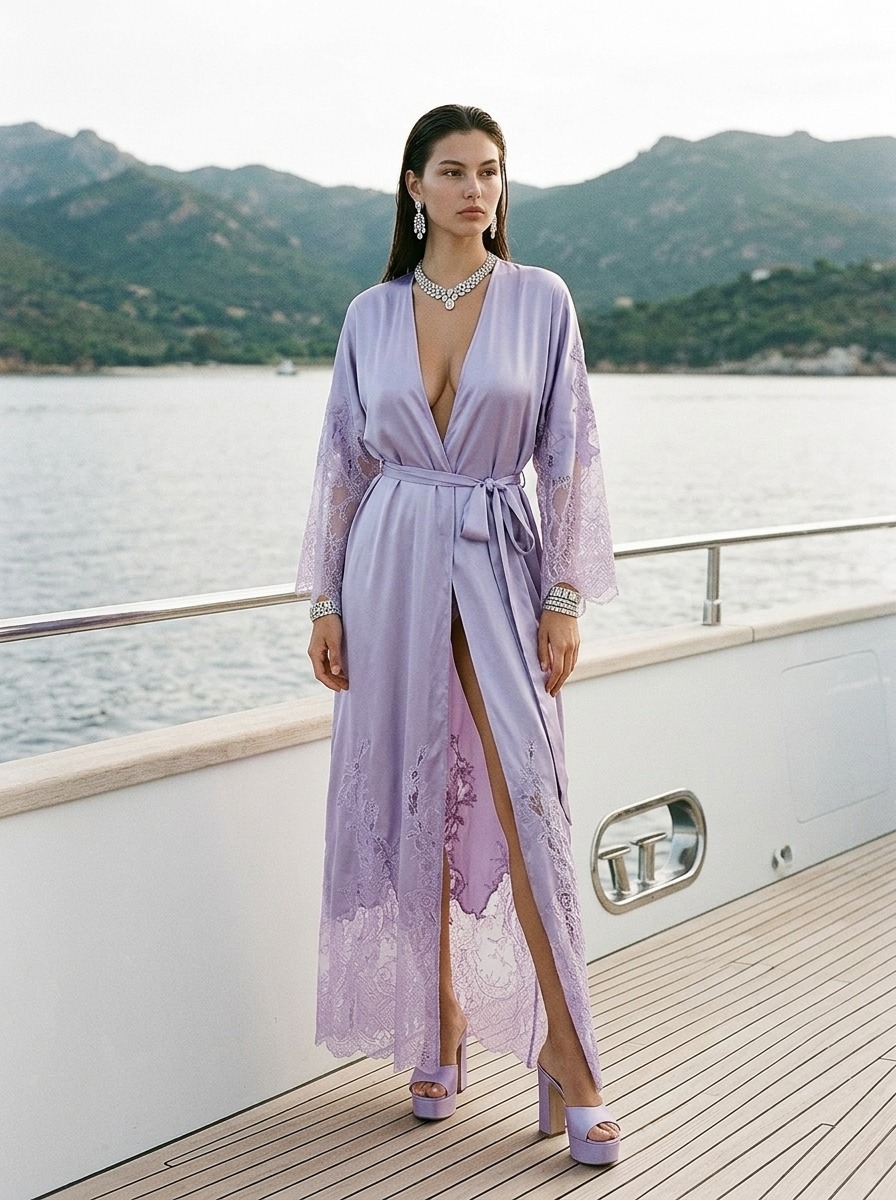 Model wearing Rosamosario lilac long robe