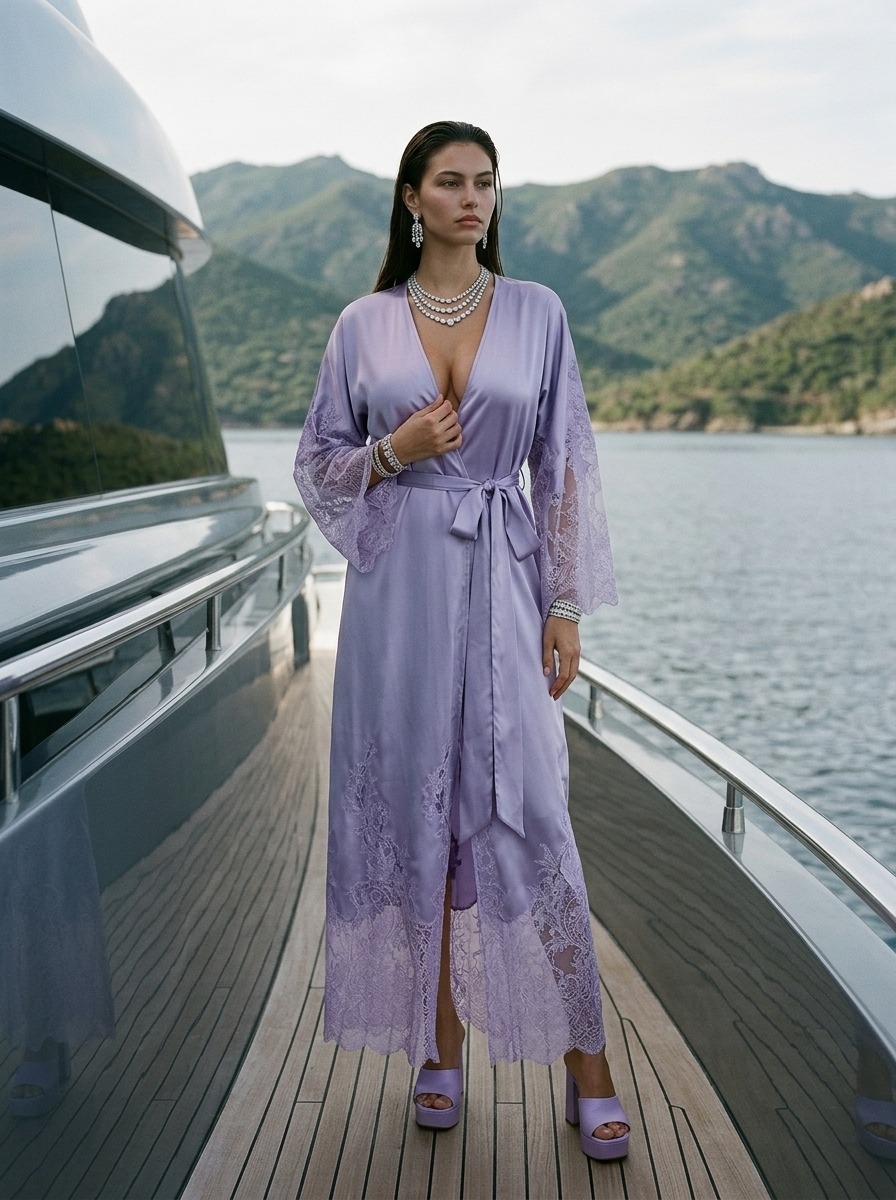 Model wearing Rosamosario lilac long robe
