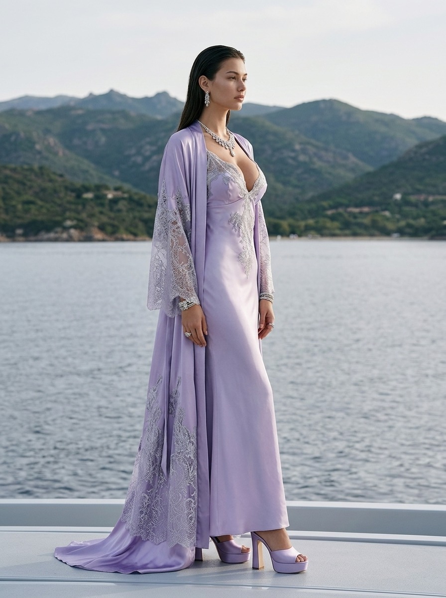Model wearing Rosamosario lilac long robe