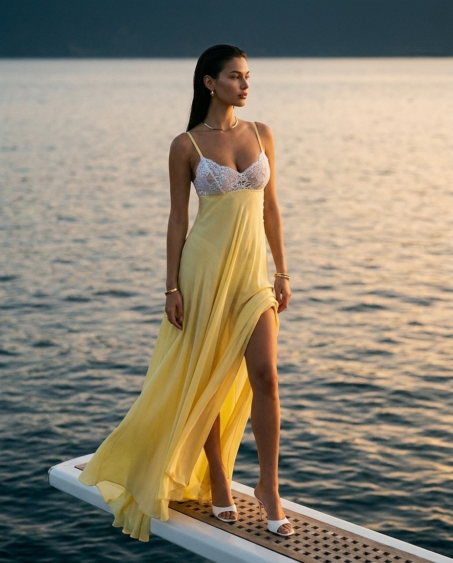 Model wearing Rosamosario yellow long dress