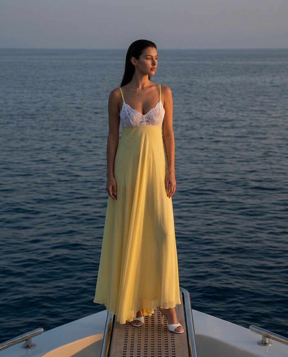 Model wearing Rosamosario yellow long dress