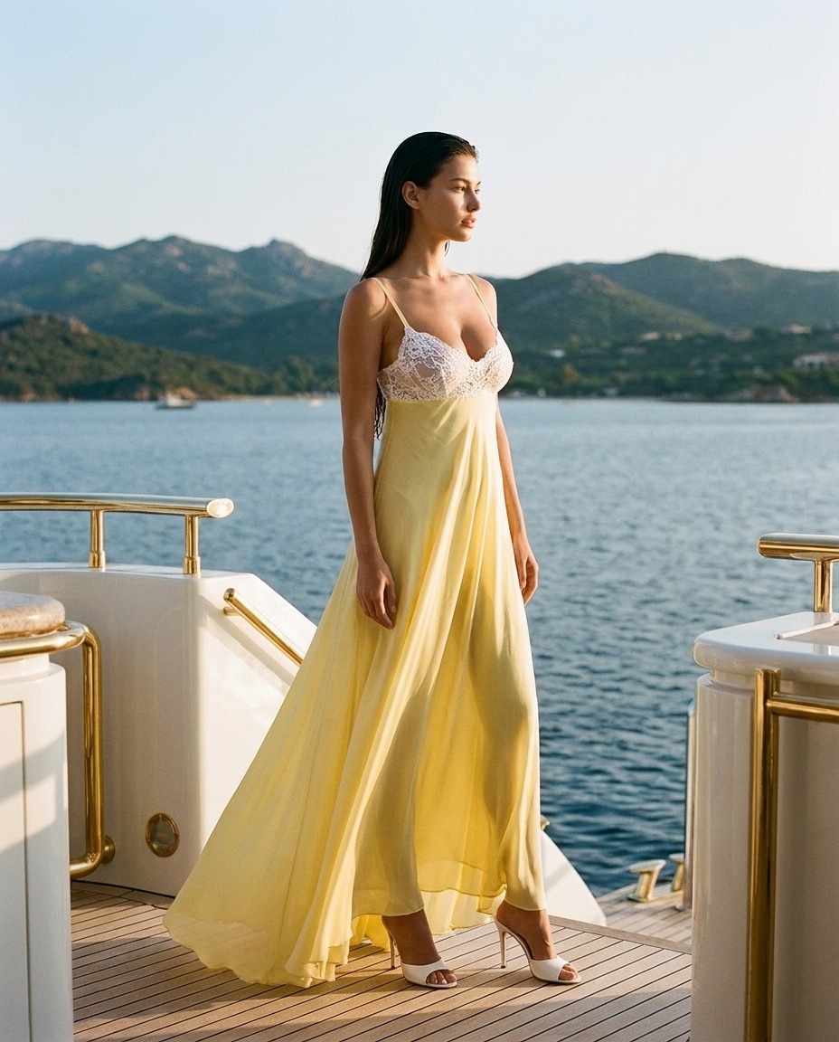 Model wearing Rosamosario yellow long dress