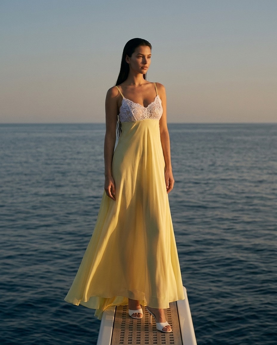 Model wearing Rosamosario yellow long dress