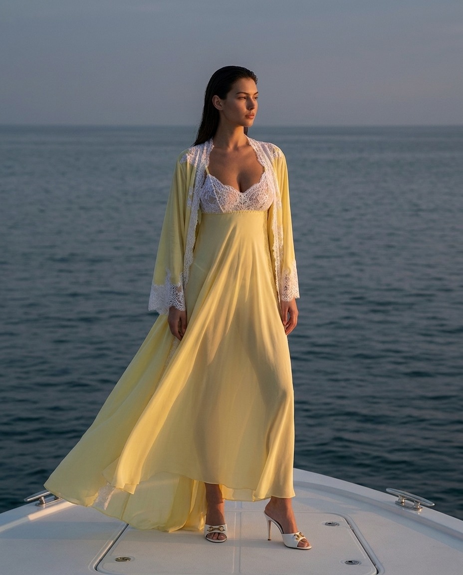 Model wearing Rosamosario yellow long robe