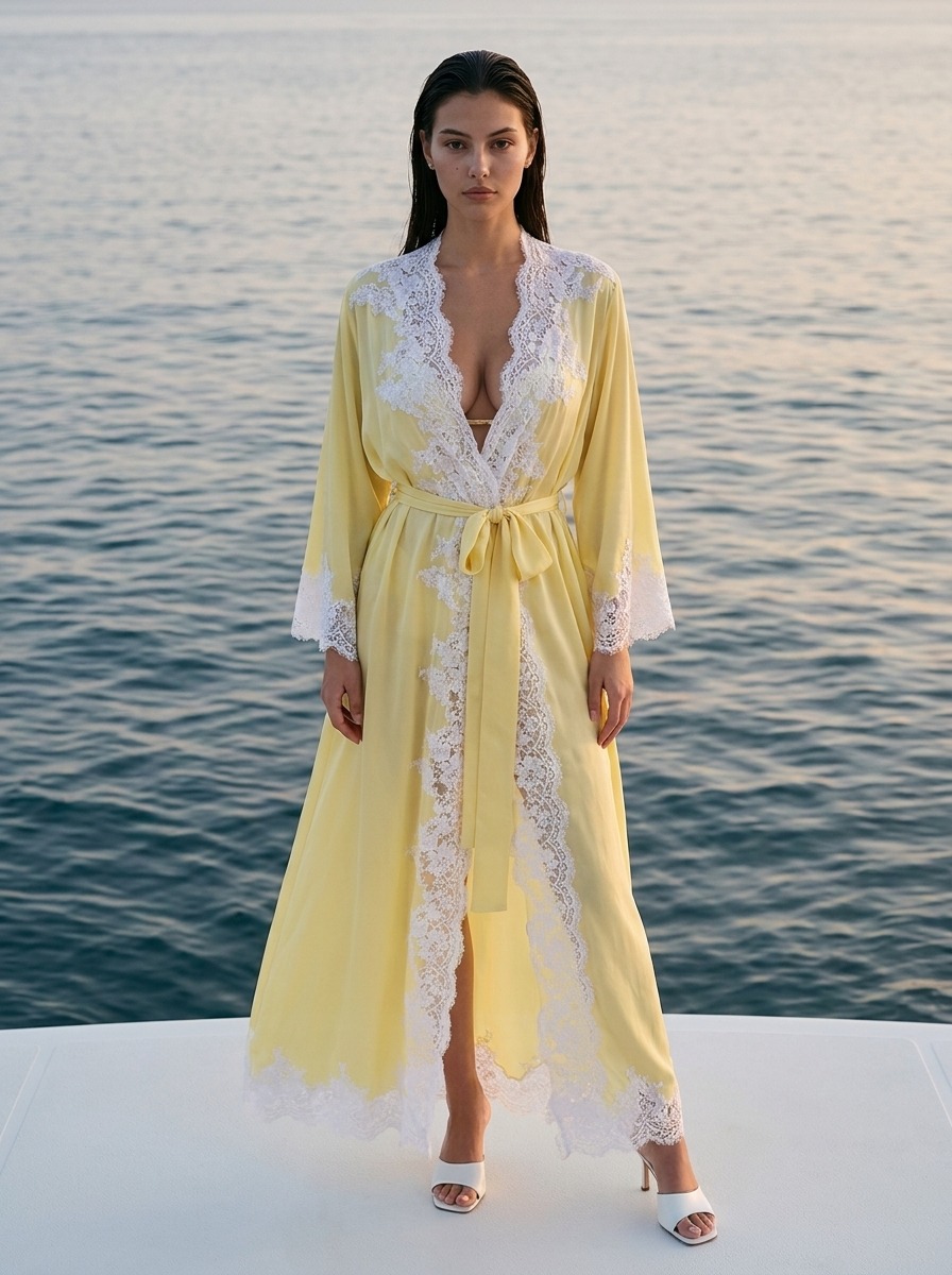 Model wearing Rosamosario yellow long robe