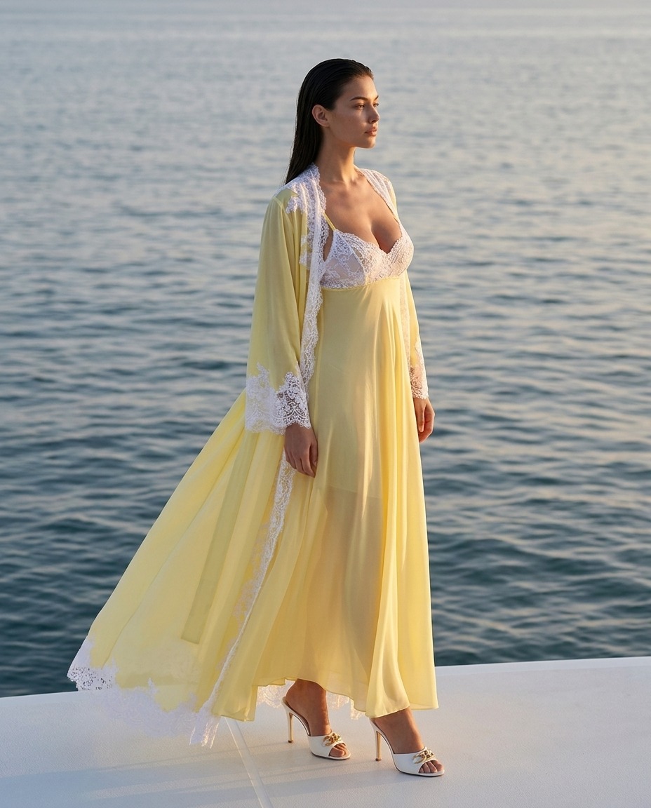 Model wearing Rosamosario yellow long robe
