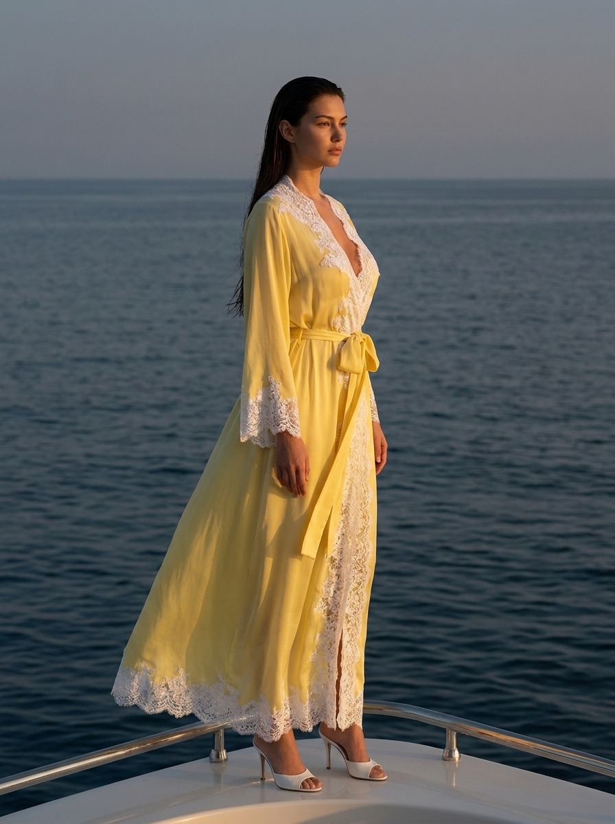 Model wearing Rosamosario yellow long robe