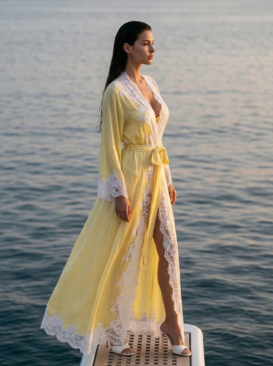 Model wearing Rosamosario yellow long robe