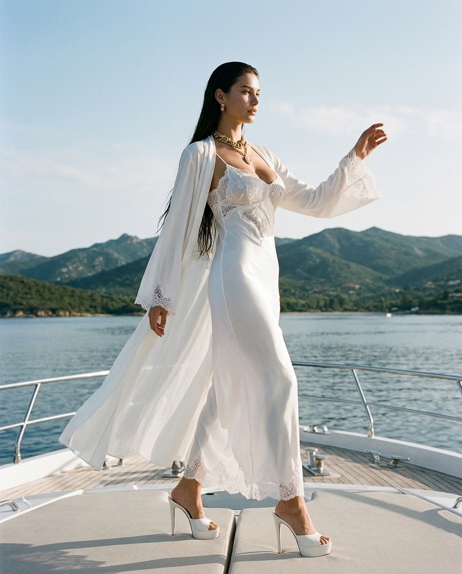 Model wearing Rosamosario white long robe